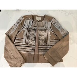 Anthropologie MOON RIVER khaki Embroidered Studded Jacket Blazer Size S Boho